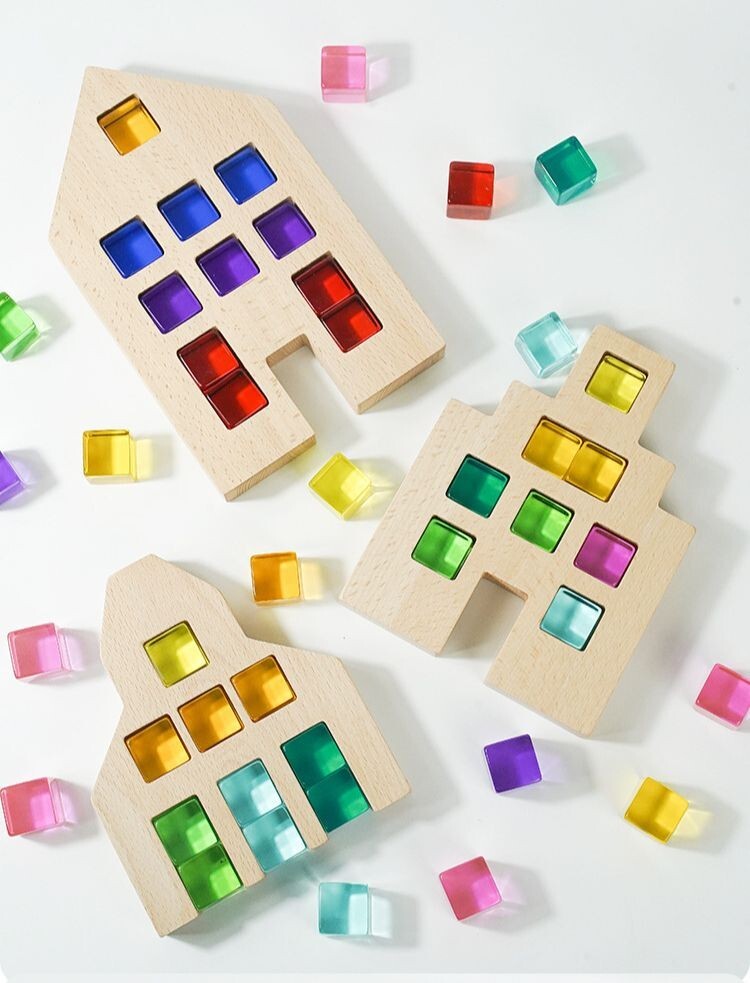 Dutch wooden houses with acrylic cubes, sensory toy set