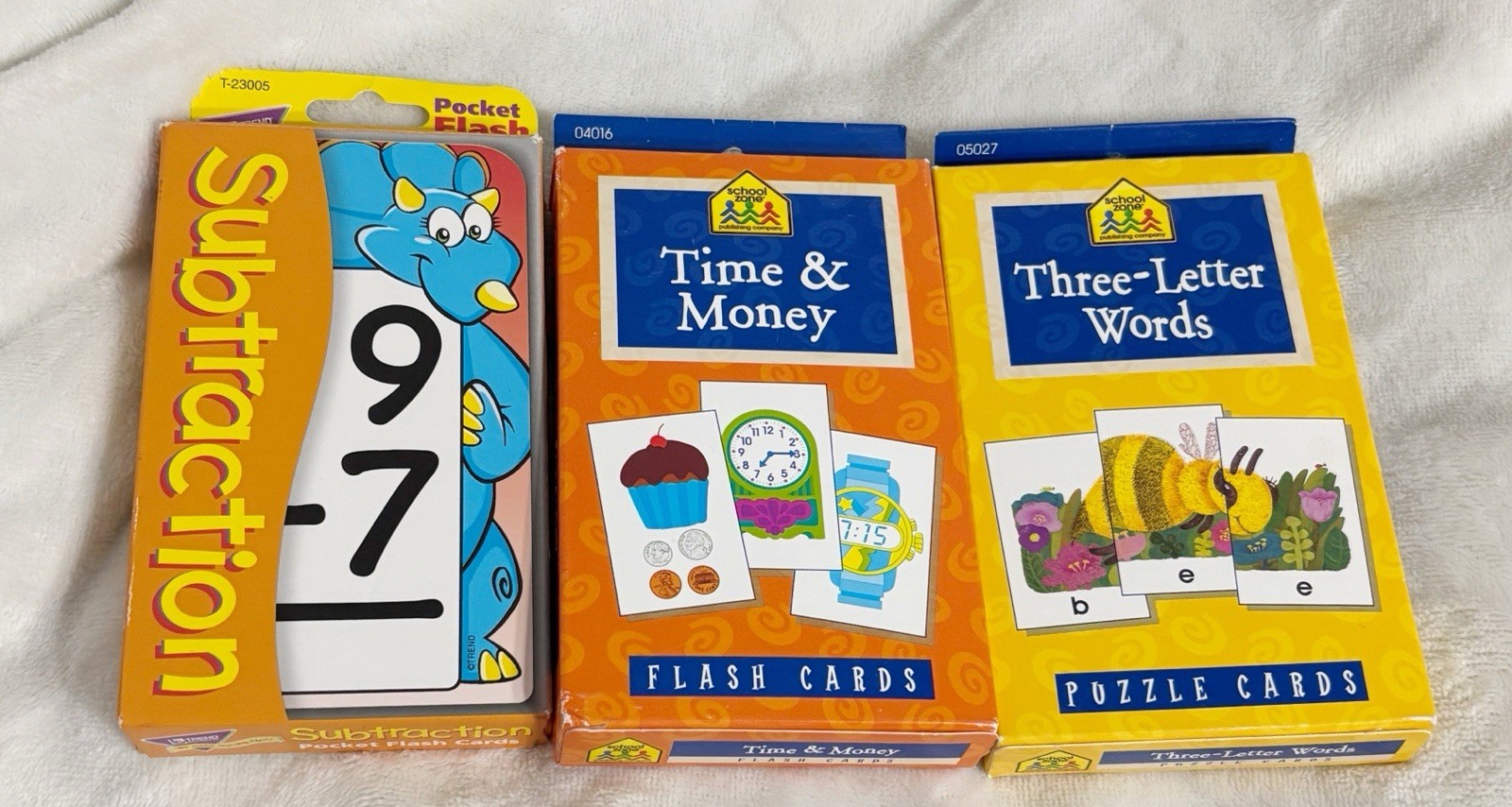 School Zone / Trend, Time & Money, 3 Letter Puzzle and Subtraction Flash Cards