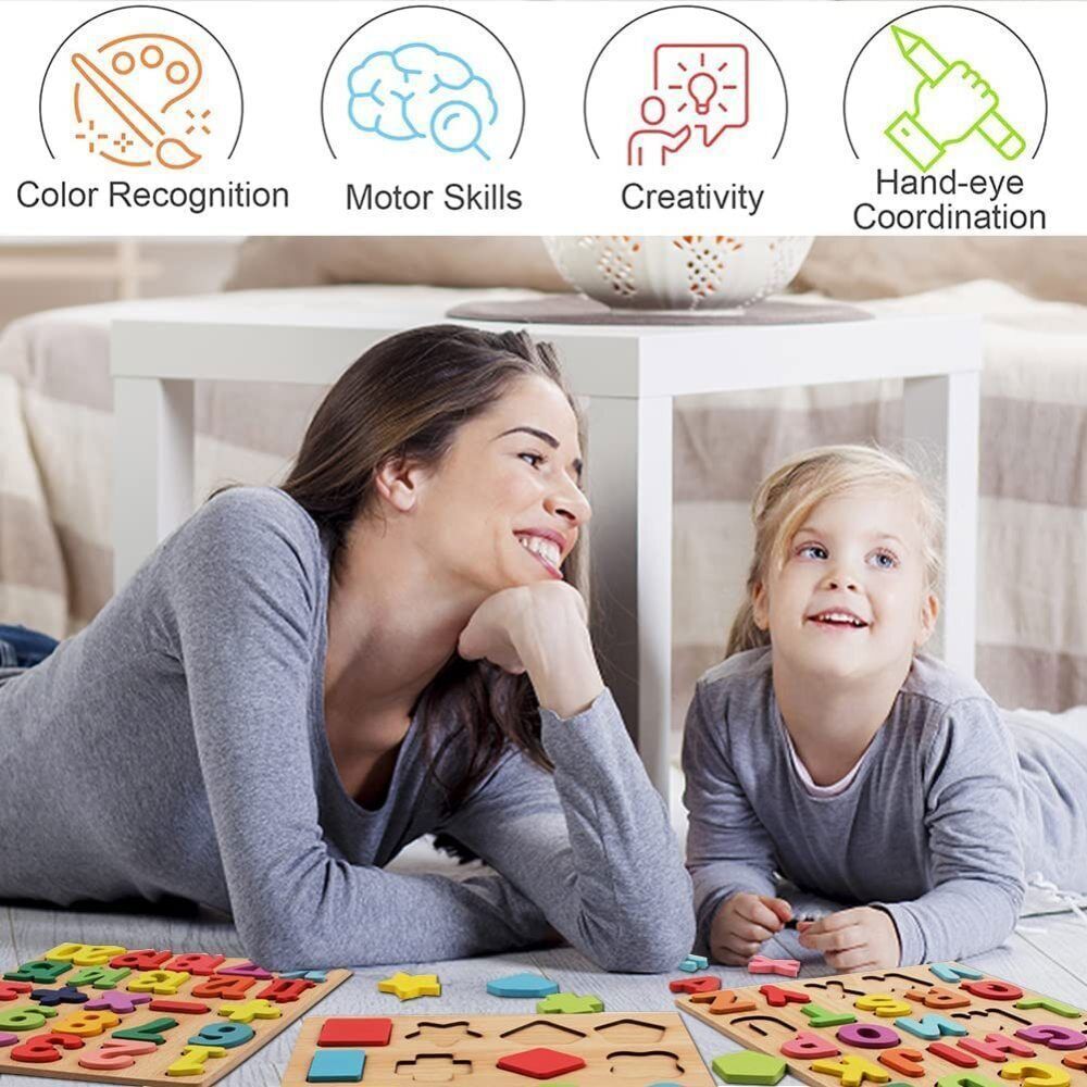 Wooden Alphabet Letters Numbers Learning Educational Jigsaw Puzzle Kids Baby Toy