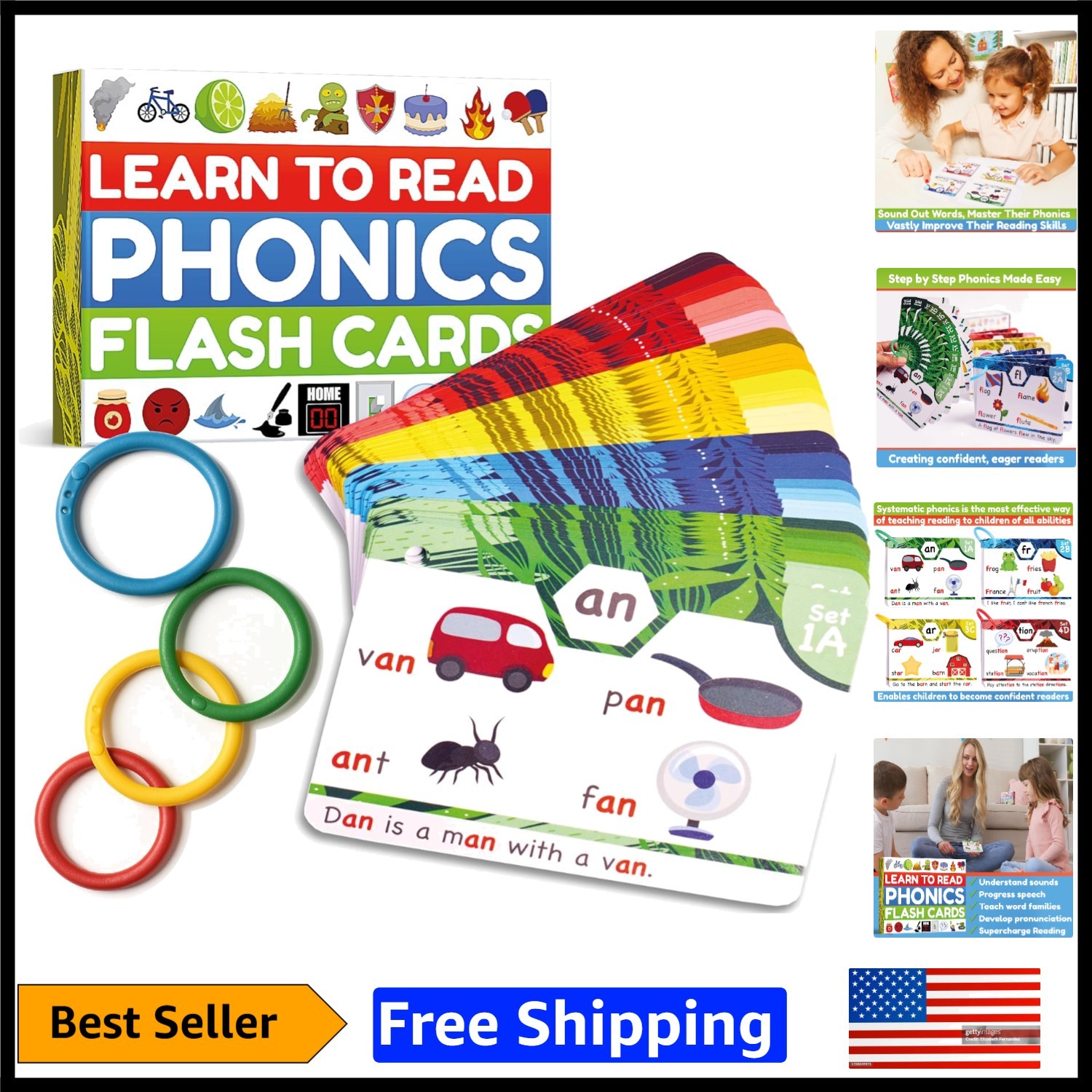 62 Large Phonics Flash Cards – Interactive Learning for Ages 4-8, 120 Sentences!