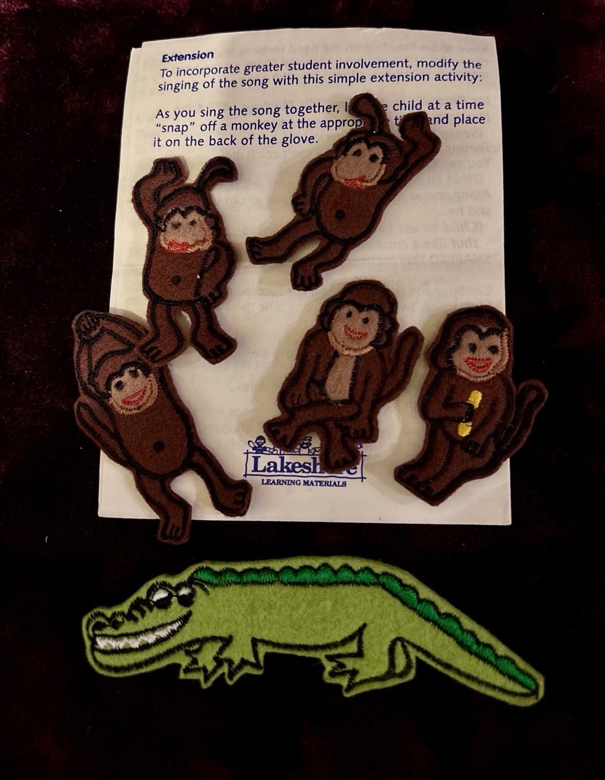 Lakeshore learning, teasing Mr. Crocodile or 5 little Monkey song piece set.