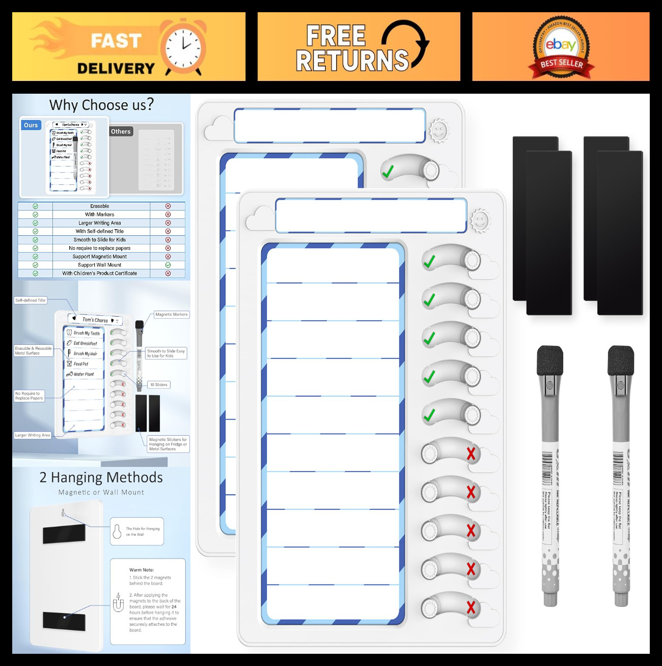 Kids Chore Chart Dry Erase Board – ADHD Task Checklist, Magnetic Routine Planner