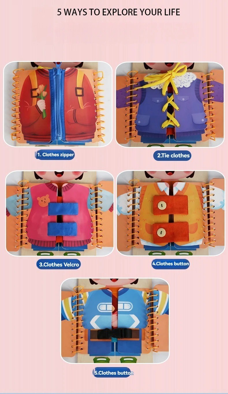Montessori Kids Busy Board Toddler Sensory Book Learn to Dress Zipper Game Toy