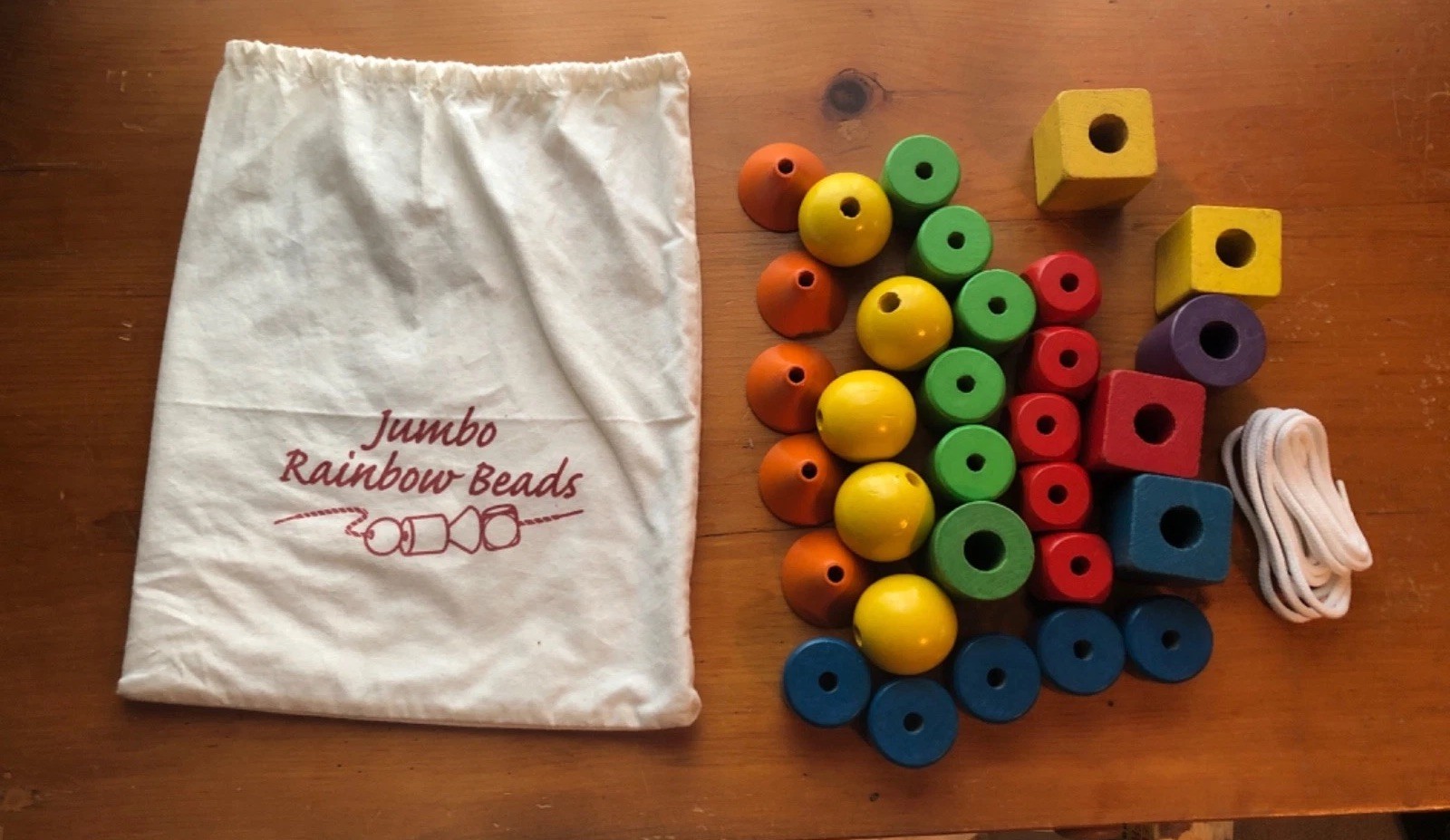 Set of 31 Jumbo Rainbo Lacing Beads Wooden Shapes Colors w/ Strings& Storage Bag