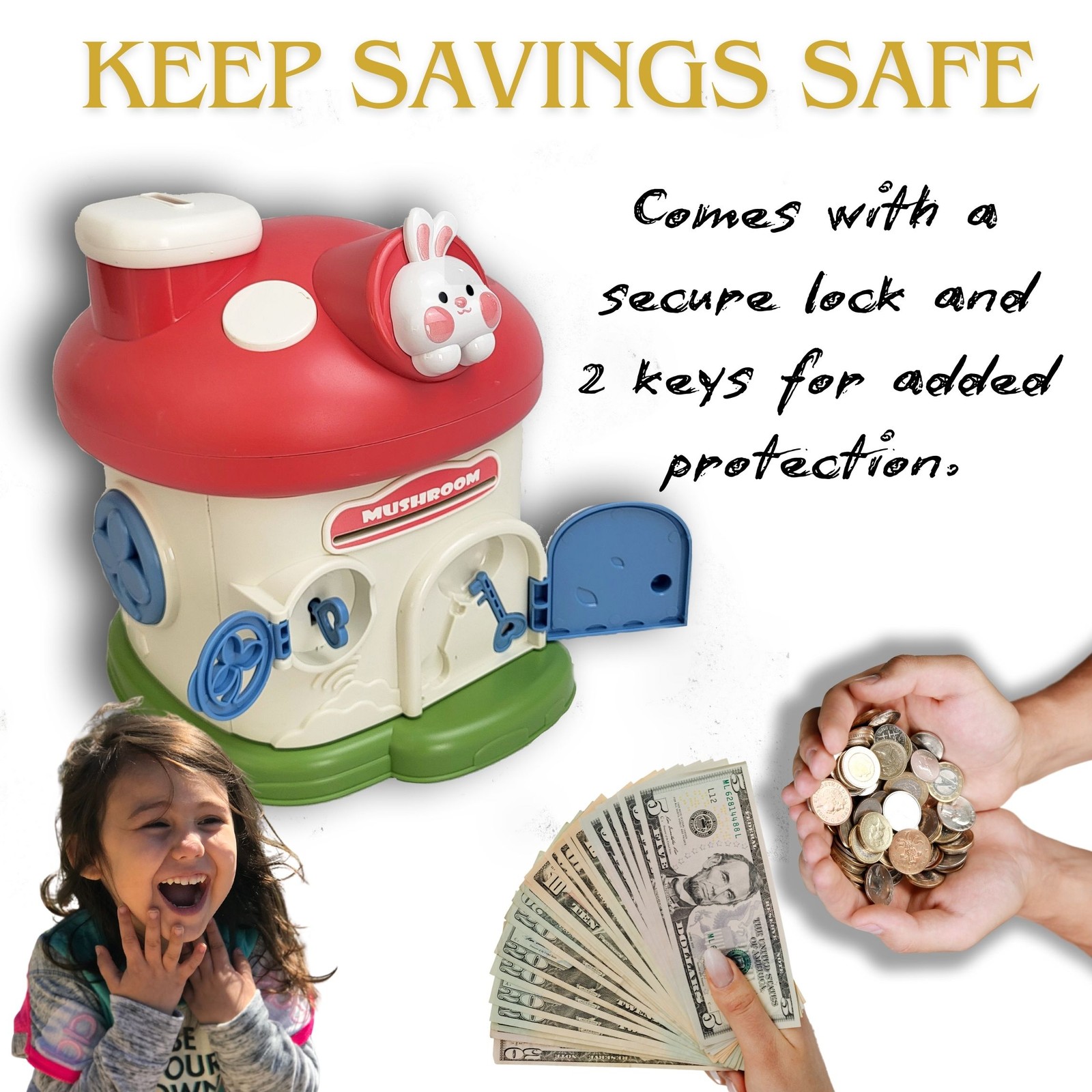 Mushroom House Piggy Bank Kids Secure Lock Money Box 2 Keys BPA Free ASTM