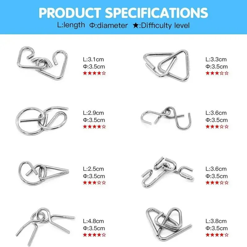 50PCS 3D Metal Puzzle Brain Teaser Disentanglement Iron Link Lock Toy