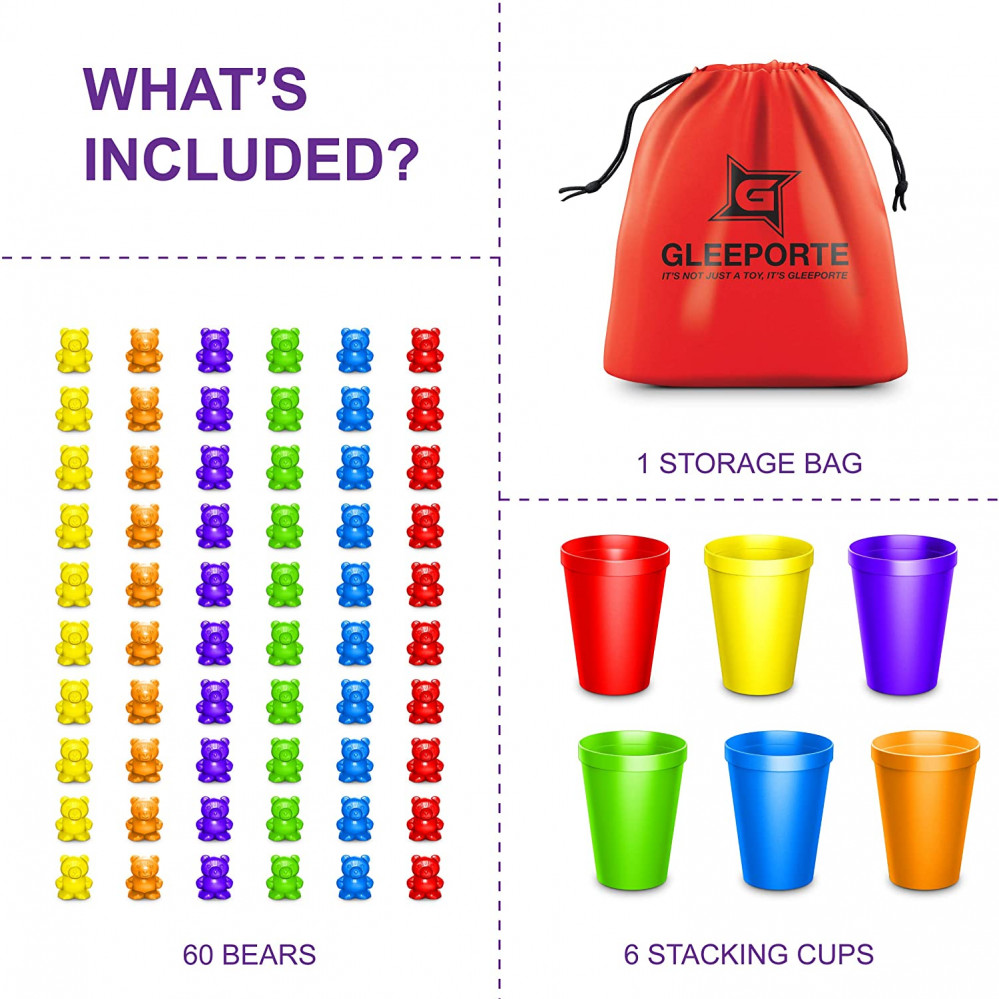 Rainbow Counting Bears w/ Matching Sorting Cups 67 Pcs Set + Storage Bag STEM _C