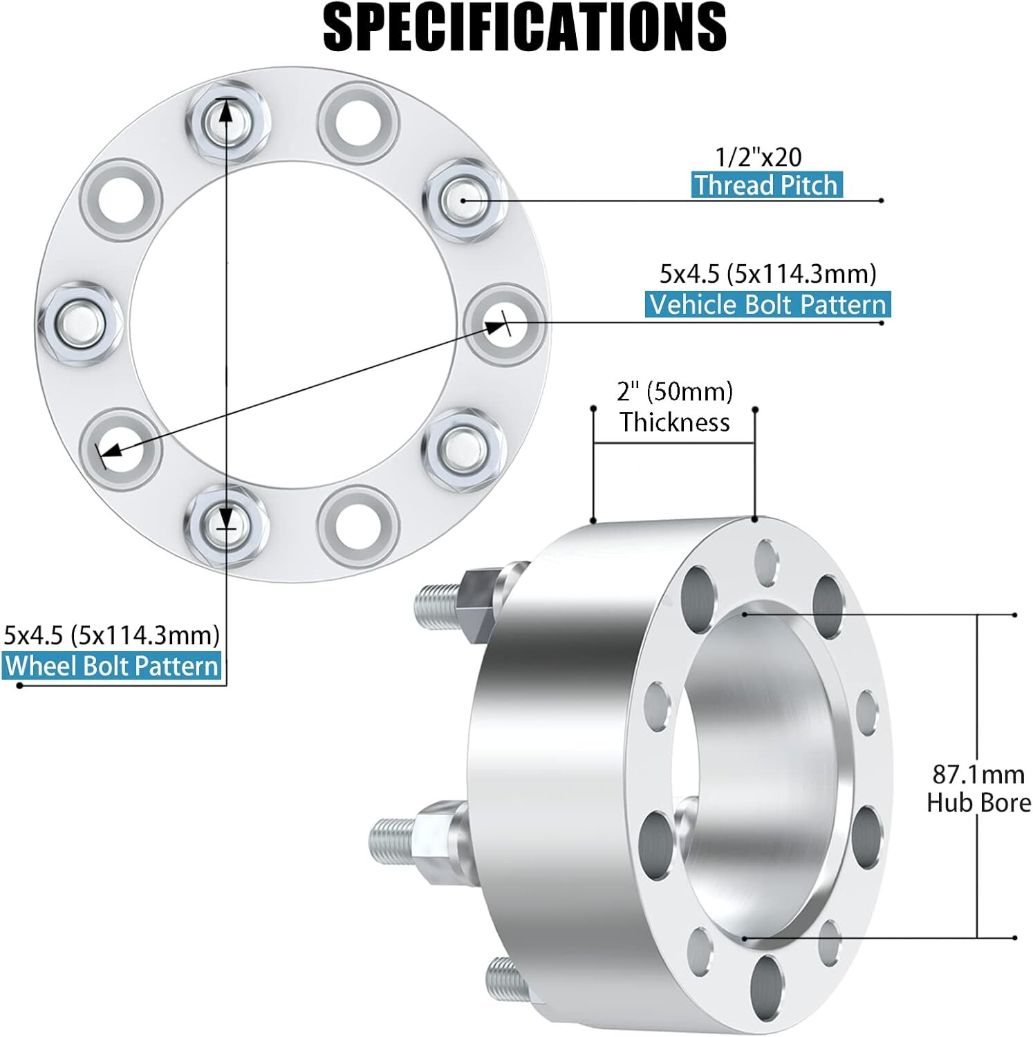 5×4.5 Wheel Spacers 2″ (50mm) for Jeep Cherokee Wrangler Comanche Grand Cherokee