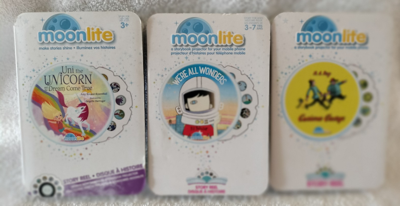 Moonlite Projector Story Reels Lot of 3 Unicorn, Wonders & Curious George