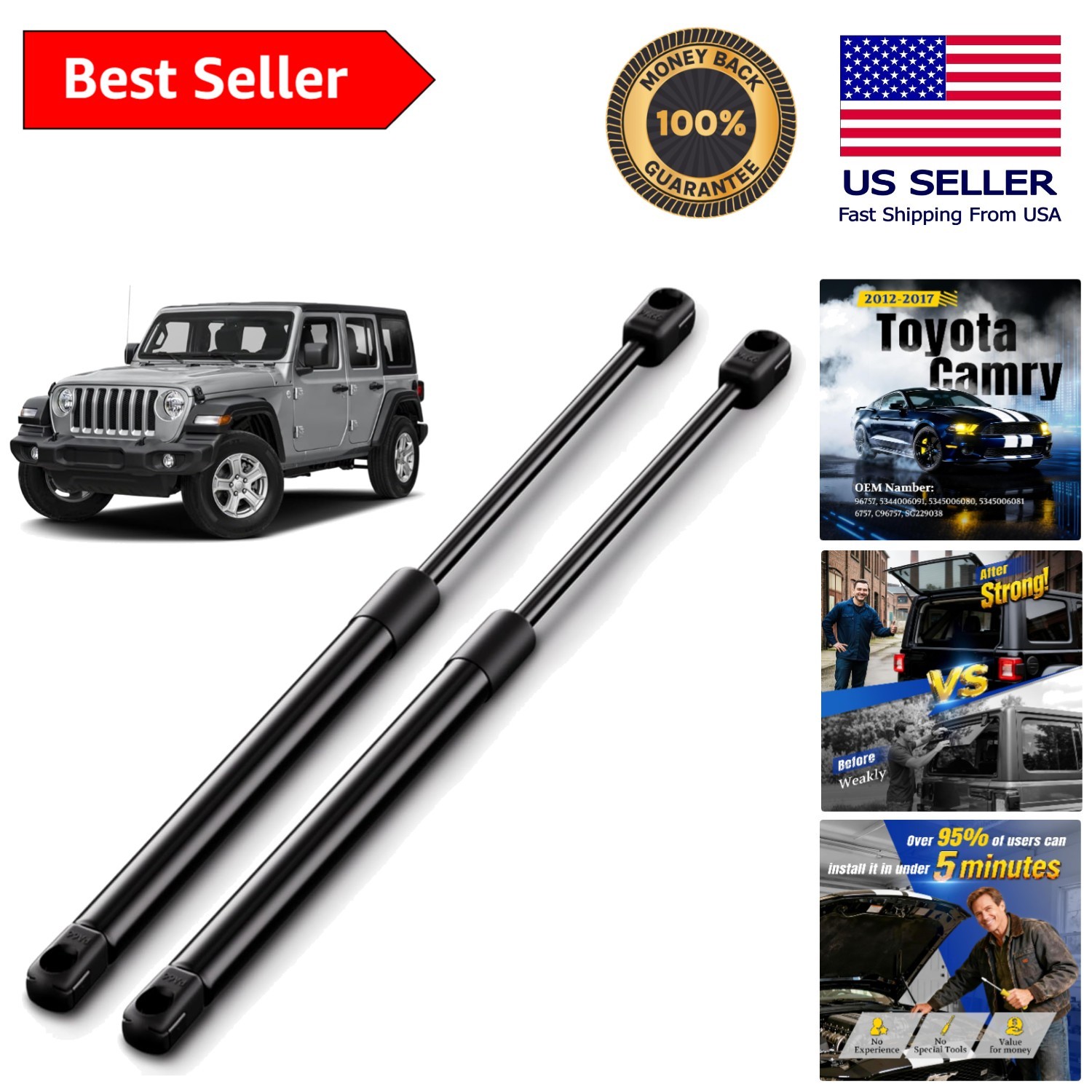 Rear Window Struts for 2018-2025 Jeep Wrangler | 2 Carbon Steel Supports