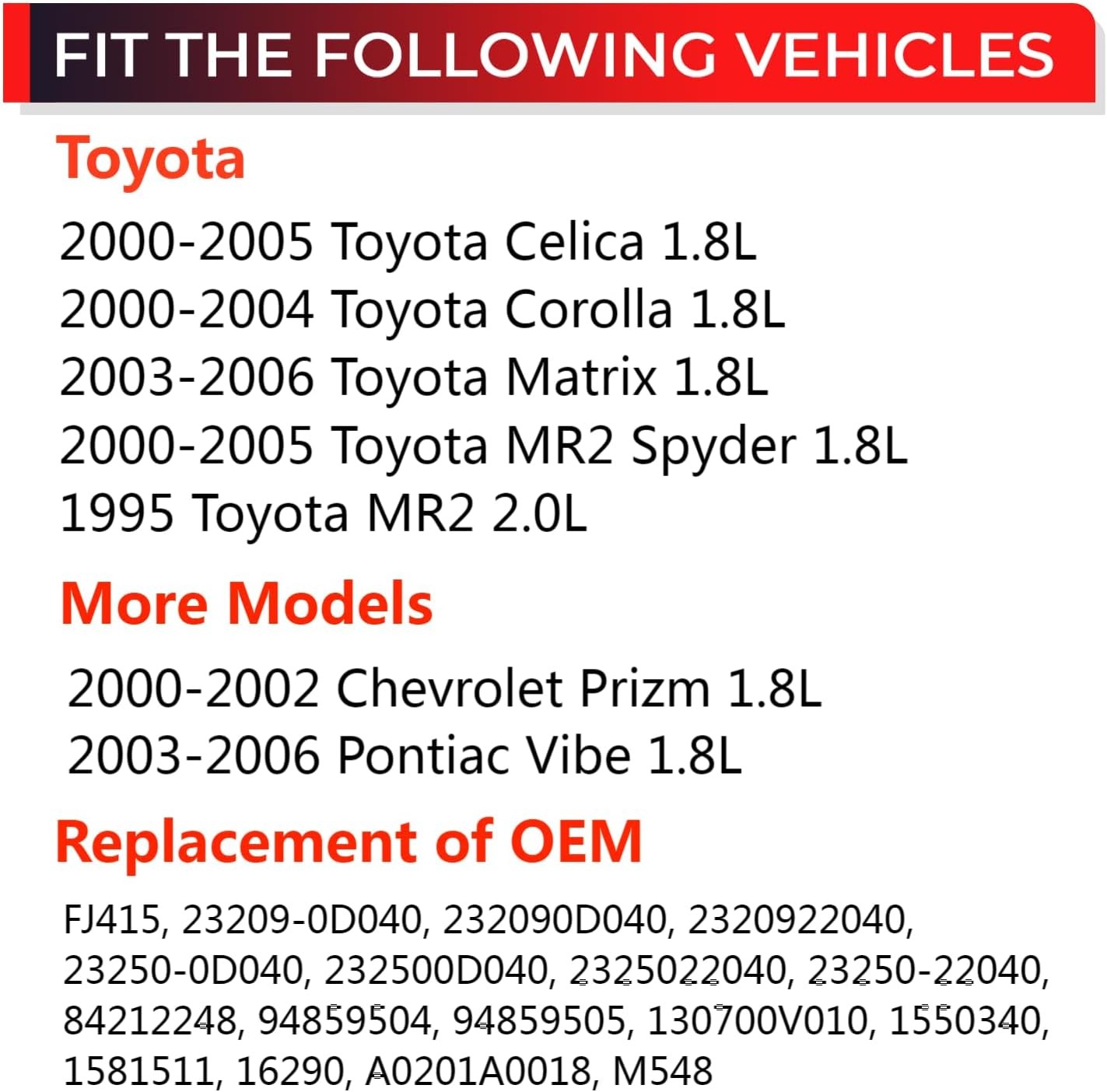 Fuel Injectors Compatible with Toyota MR2 Spyder Celica 2000-2005 Corolla