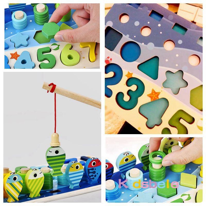 Kids Montessori Maths Wooden Puzzles Toddlers Counting Shapes Sorting Board