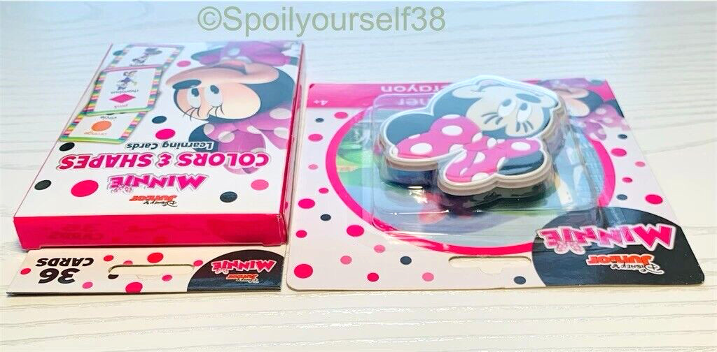 New Lot of 2 Disney Junior Minnie Colors/Shapes 36 Cards & Crayon Sharpener 4+