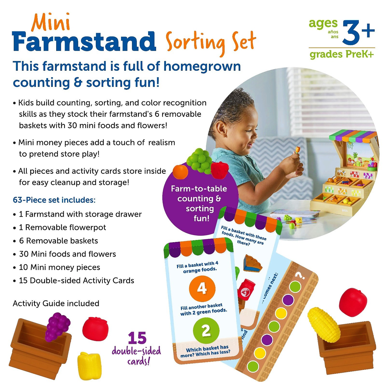 Learning Resources Mini Farmstand Sorting Set 63Pcs Educational Colorful Fun Toy