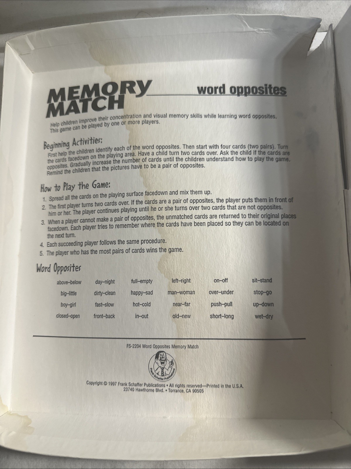 Word Opposites Memory Match Game 48 Cards Frank Schaffer FS-2204 Vintage