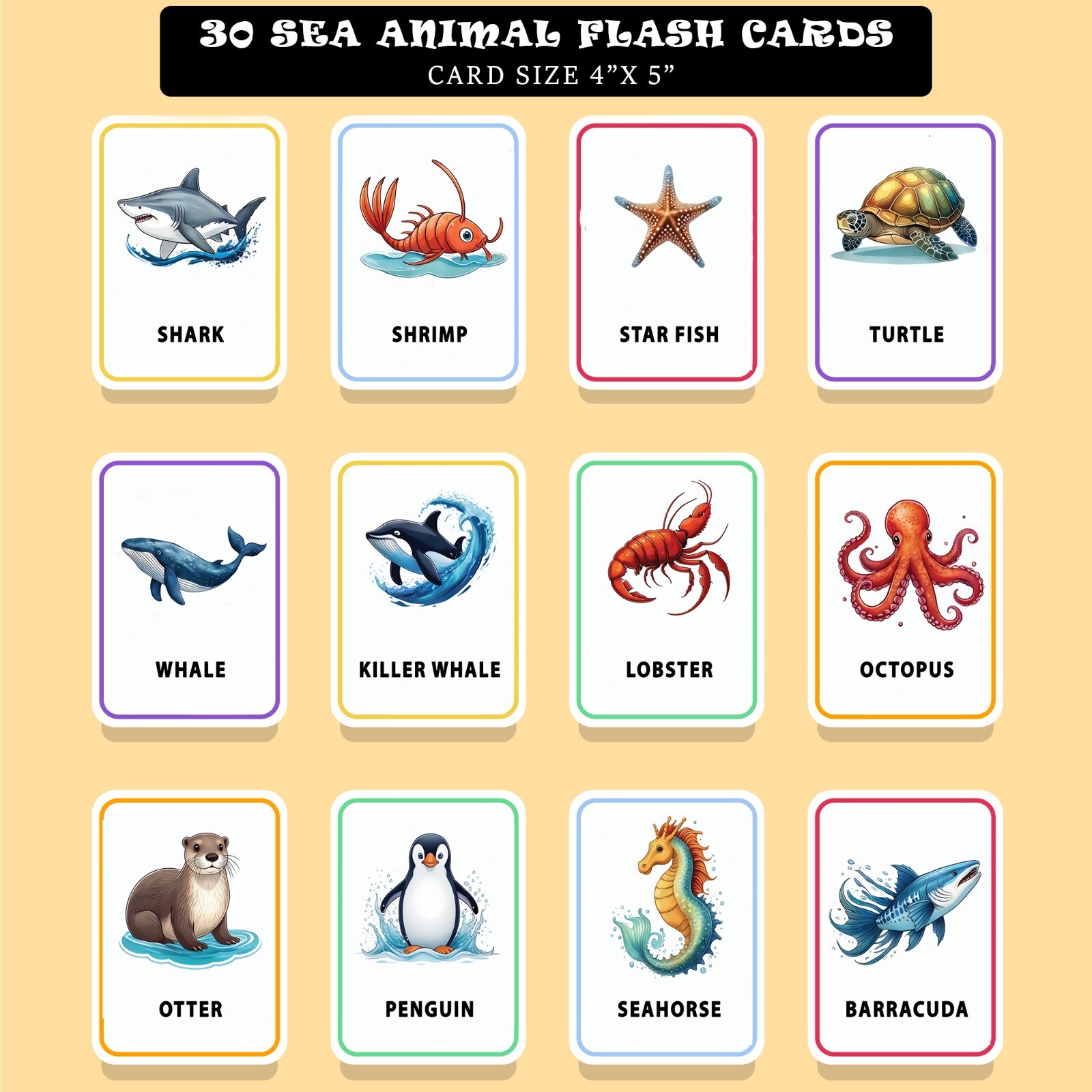 Printable Sea Animals Flash Cards-Montessori-Inspired 30 Card Set for Preschool