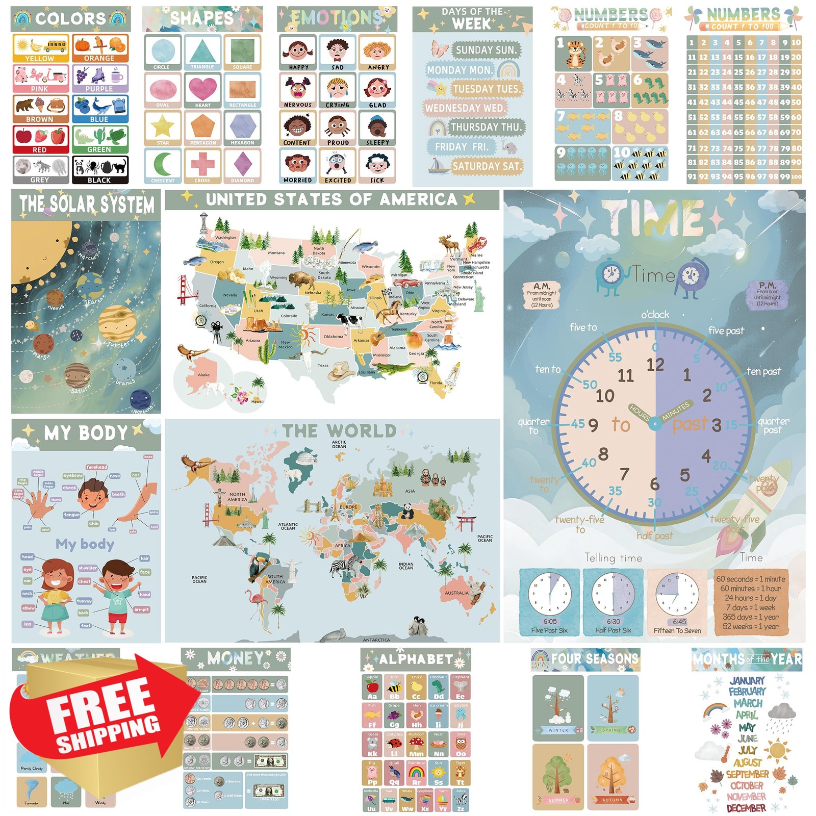 16 Preschool Educational Posters, Laminated, Morandi B, Learning Charts