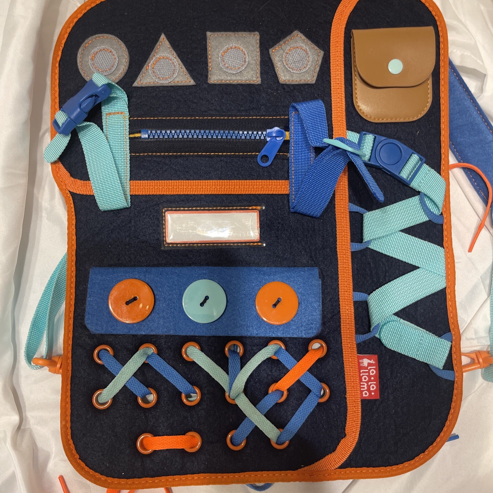 Montessori Toddler Busy Board Learning Backpack W/ Buckles Zippers Snaps Shapes
