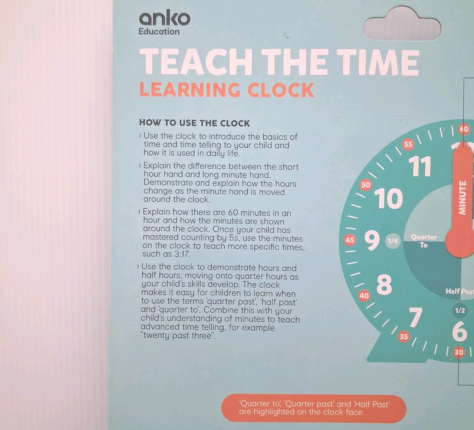 Teach The Time Learning Clock 20cm Educational Teaching Toy Kids Age 4+ New Anko