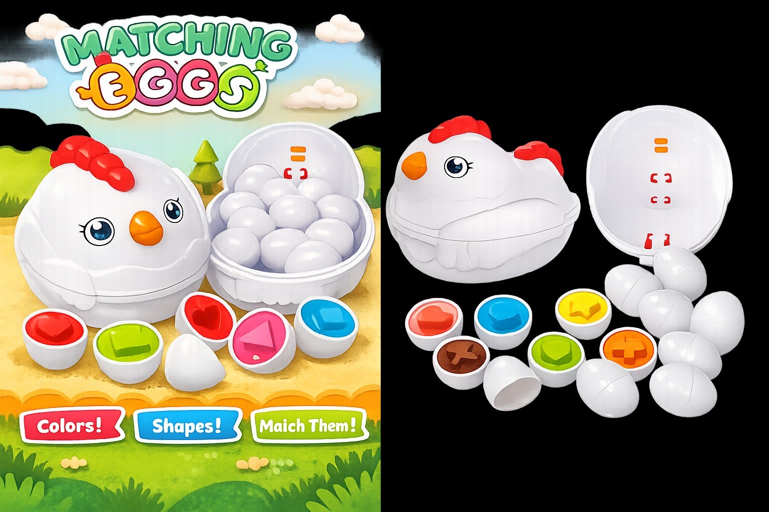 Matching Eggs Toy Chicken Shape Multicolor Educational Shapes Colors Ages 3+