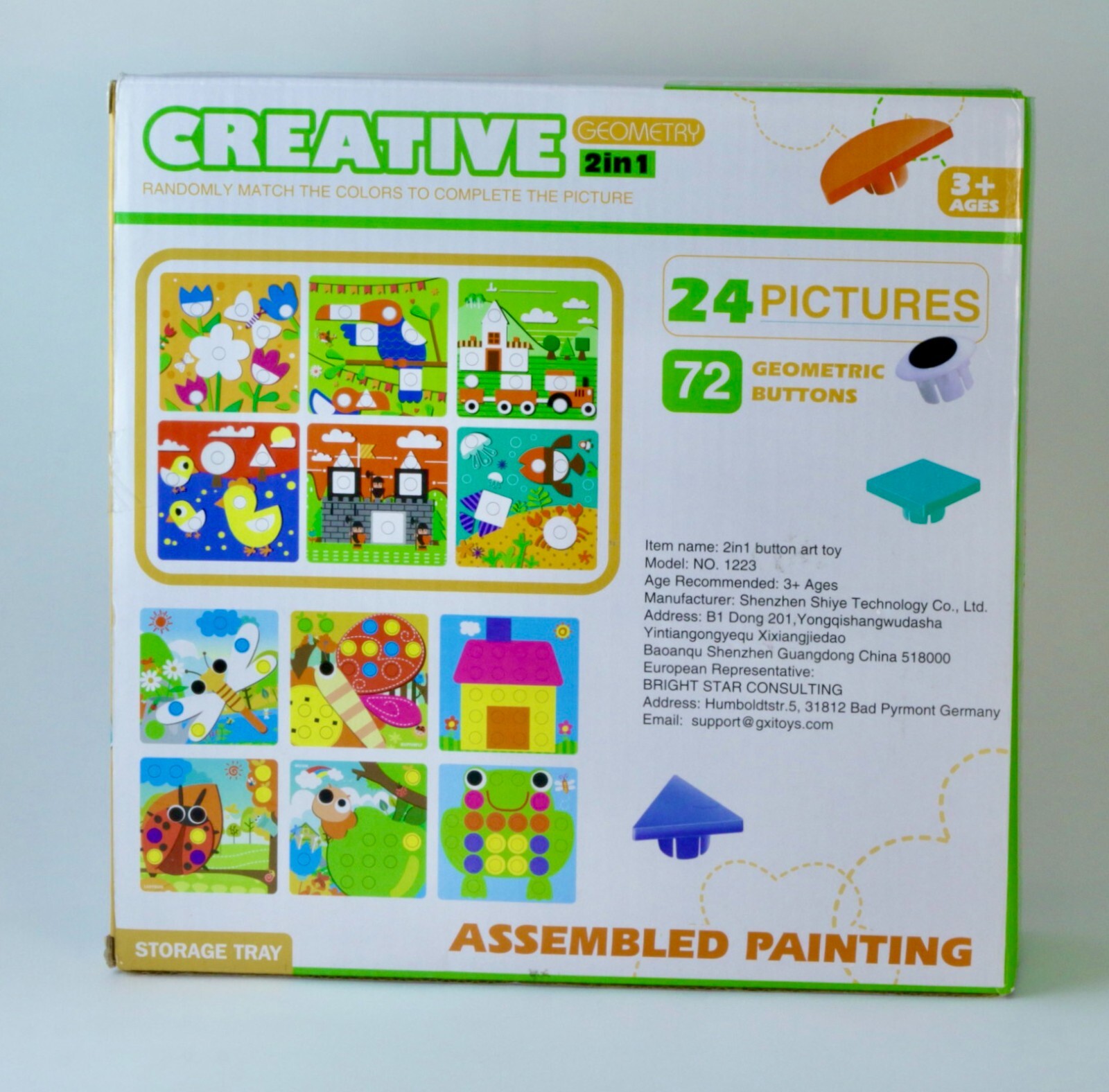 Button Art Toy for Toddlers, Mosaic Puzzles, 24 Pictures, 72 Geometric Buttons