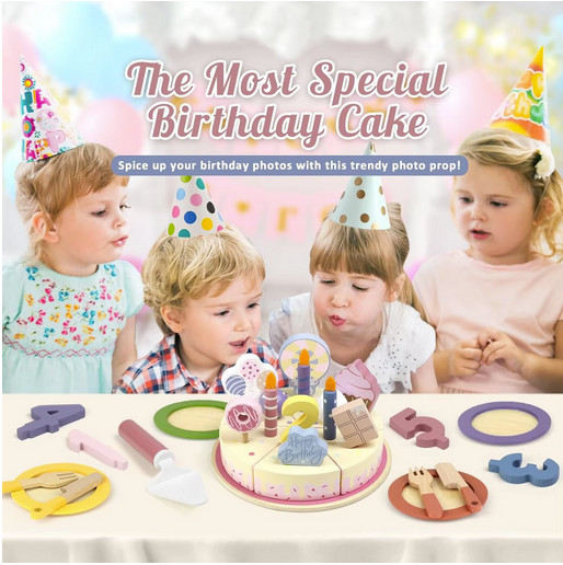 Wooden Kids Kitchen Toy Birthday Cake Pretend Play Cutting Food Educational Gift