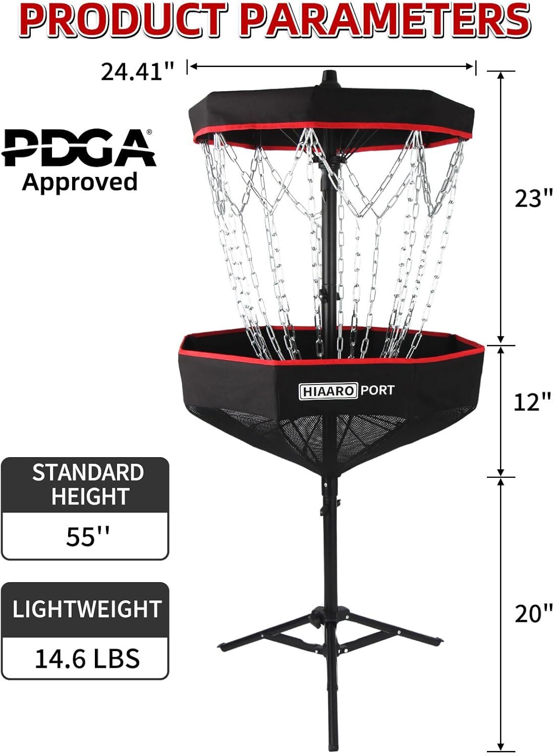 PDGA Approved – HIAARO Portable Disc Golf Basket with 16 Heavy Duty Chains,