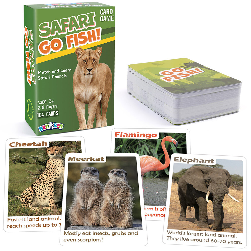 Go Fish Flash Cards Game Safari Animal Educational Card for Children Kids Adults