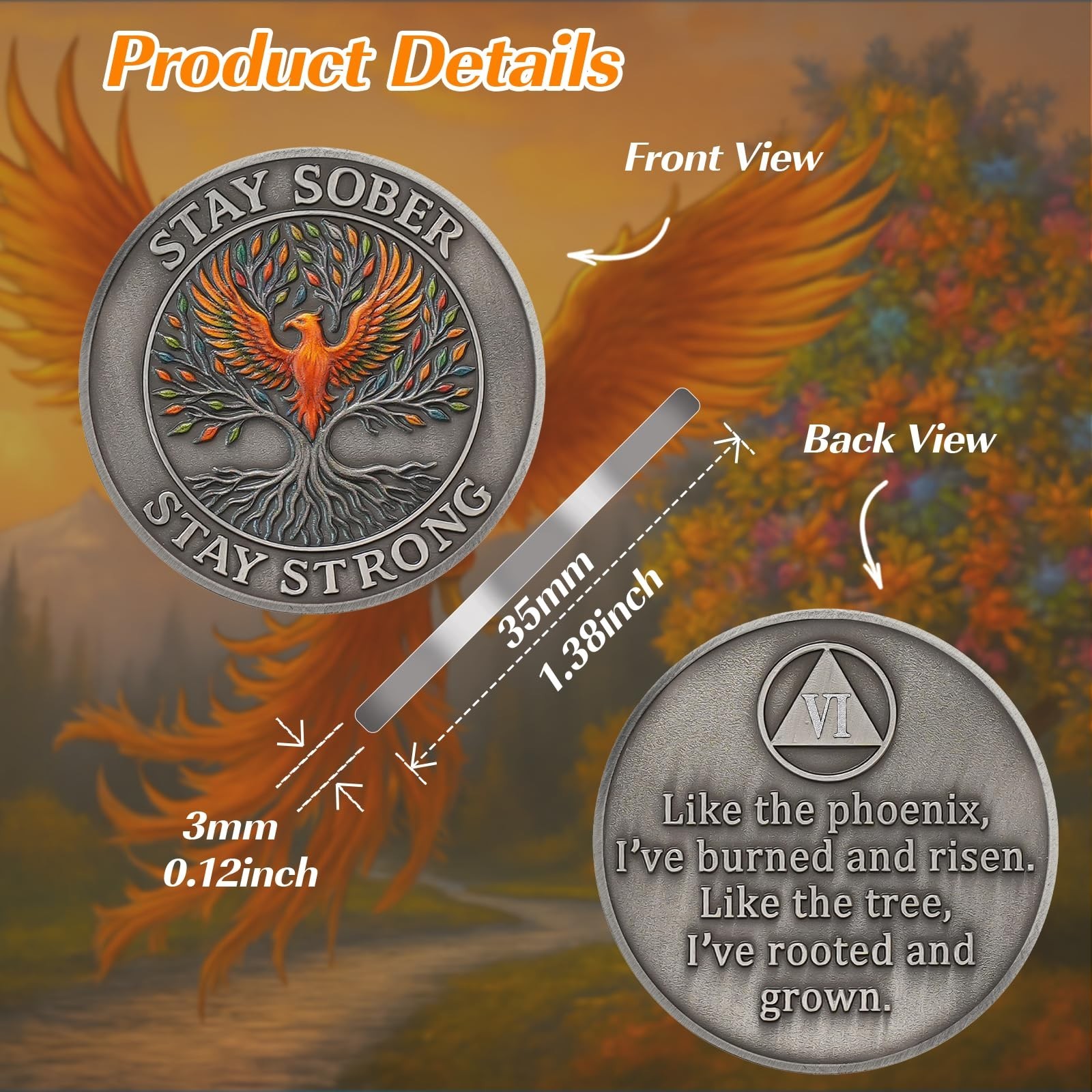 Phoenix Tree of Life 6 Year Sobriety Coin, Affirmation AA Medallion, Addictio…