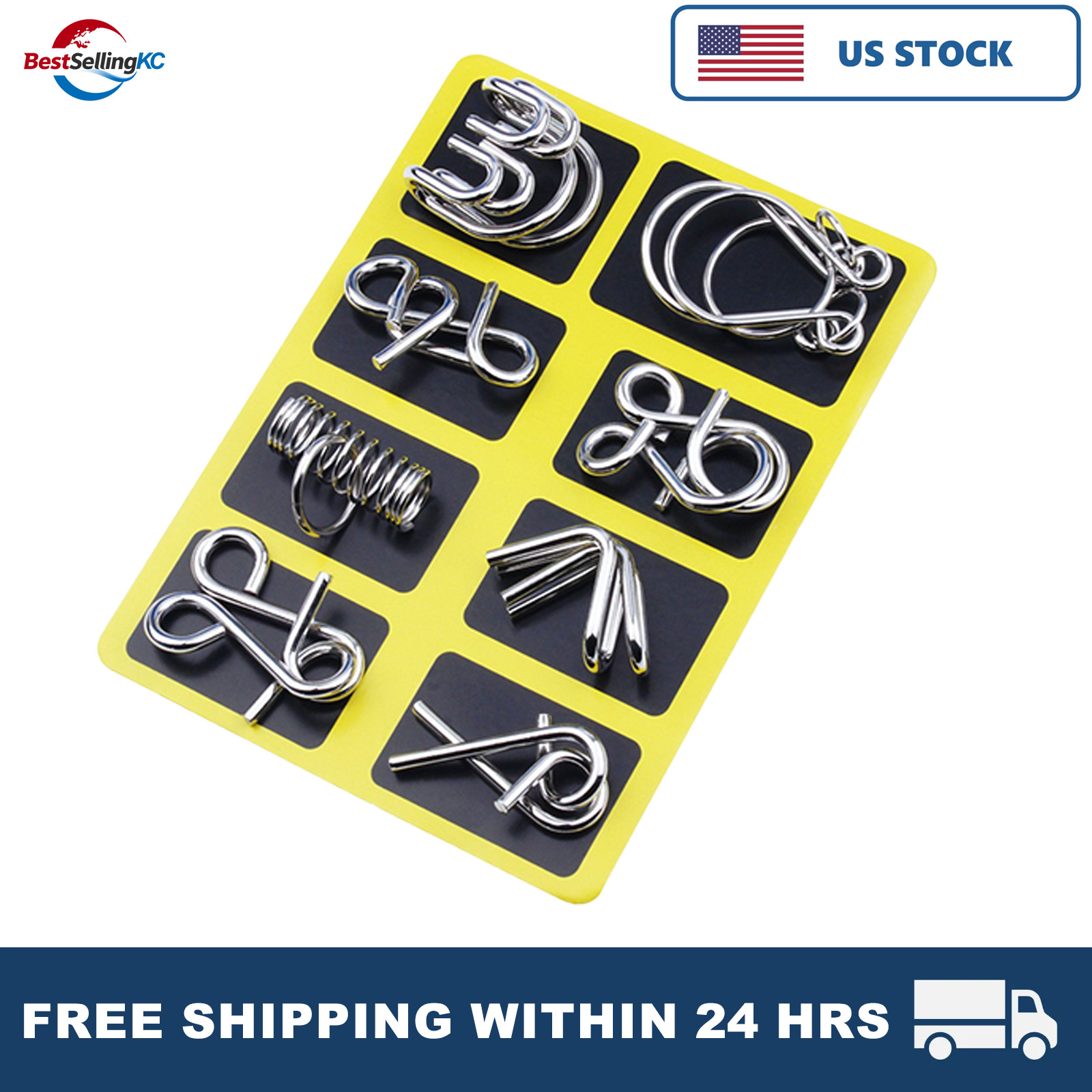 8PCS Yellow Metal Wire Puzzle Brain Teaser Nine Linked Rings Toy