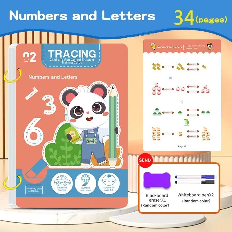 34-Page Reusable Children Practice Book Ersable Pen Set Writing Drawing Learning