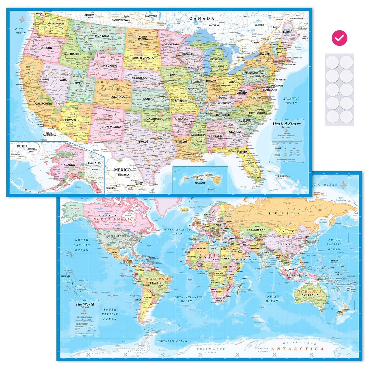 2 Pack Laminated World Map & USA Map Poster Set – 18″x29″ Wall Chart | Edu