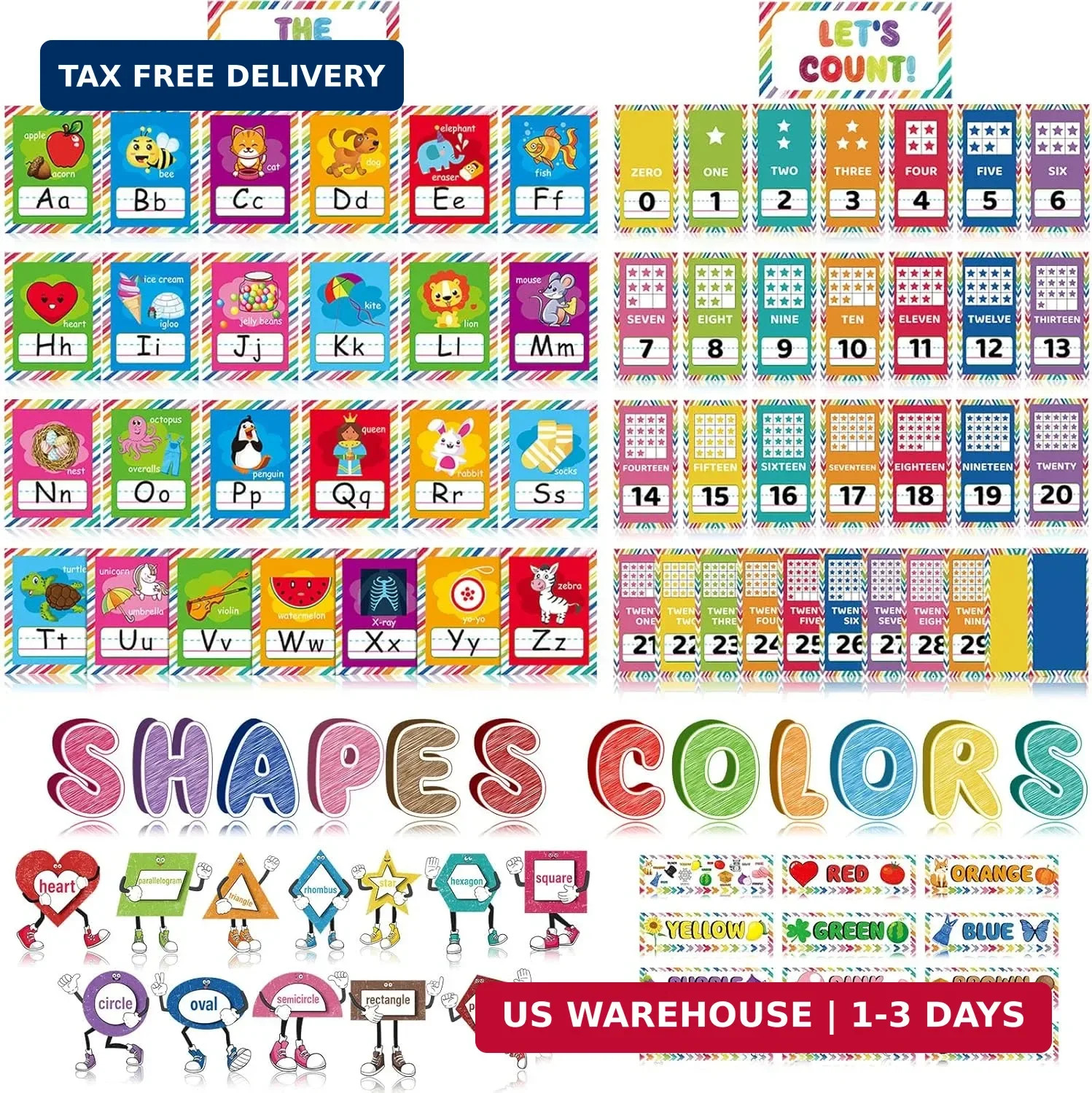 Junkin 96 Pcs Colors Shapes Bulletin Board Alphabet Number Posters Early Learnin
