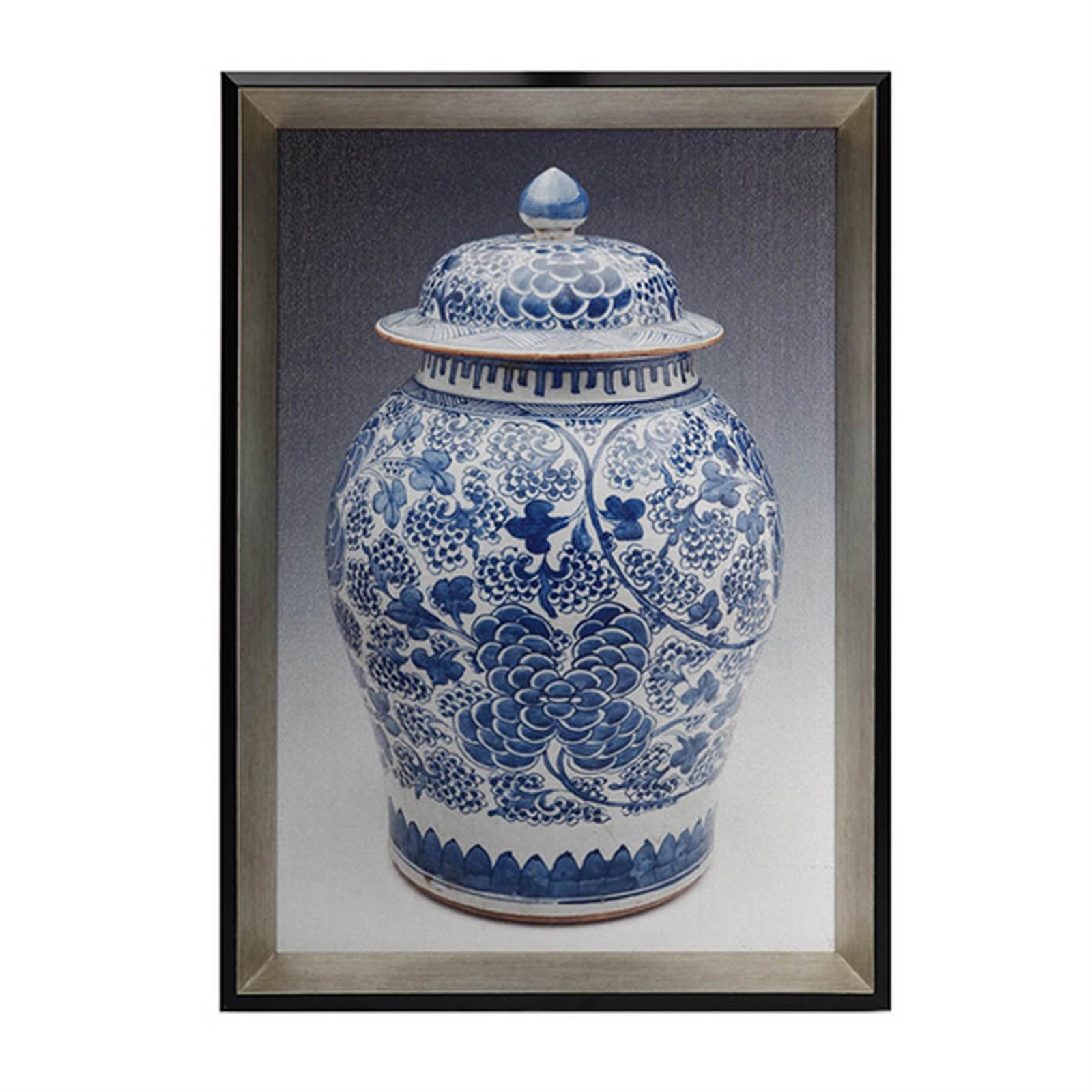 Benjara 14 x 20 Set of 2 Framed Wall Art Prints-Pot Design-Blue-White-& Black