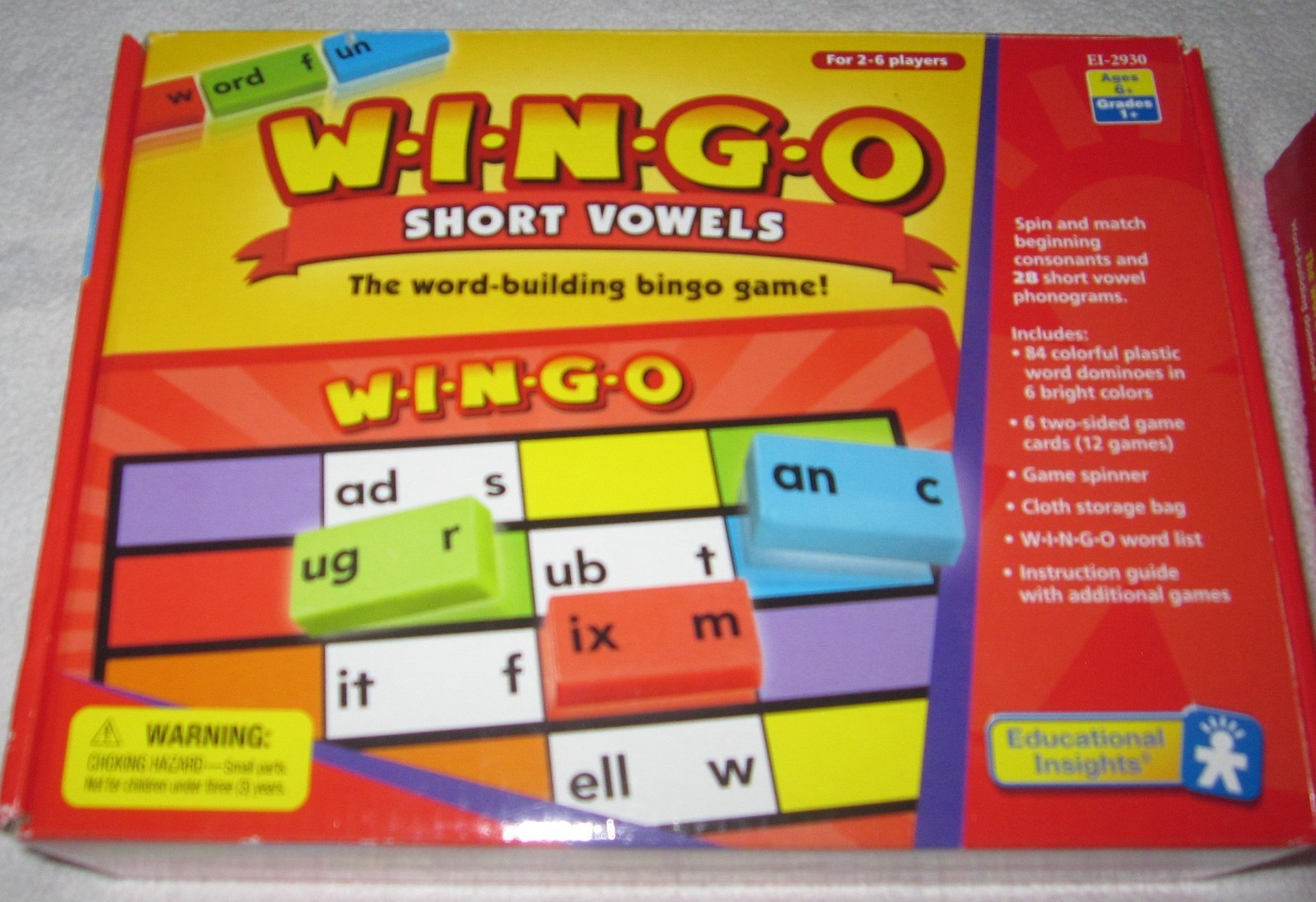 W.i.n.g.o. WINGO Short Vowels By Educational Insights Word Dominoes Bingo Game