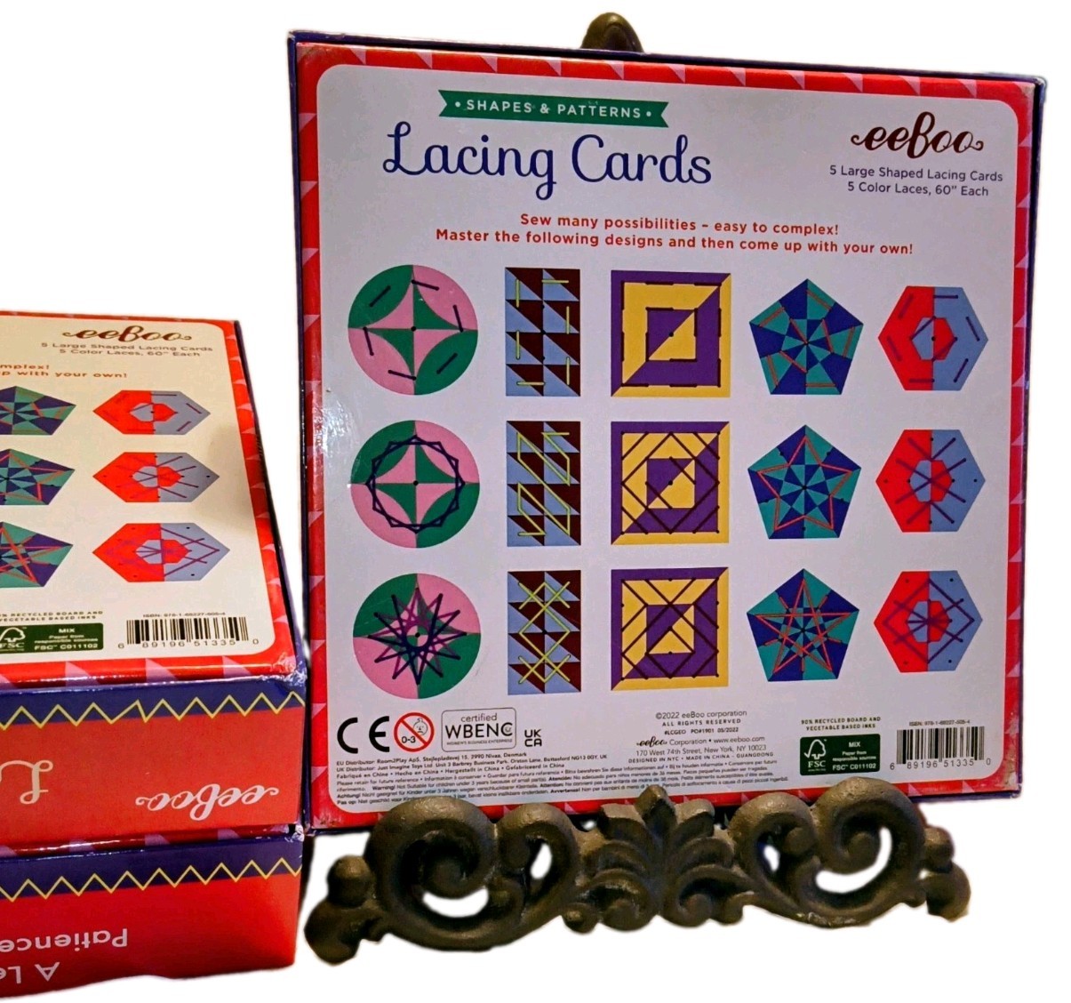 3 eeBoo Shapes & Patterns Lacing Cards Lace & Learn Geometric Designs Age 5+