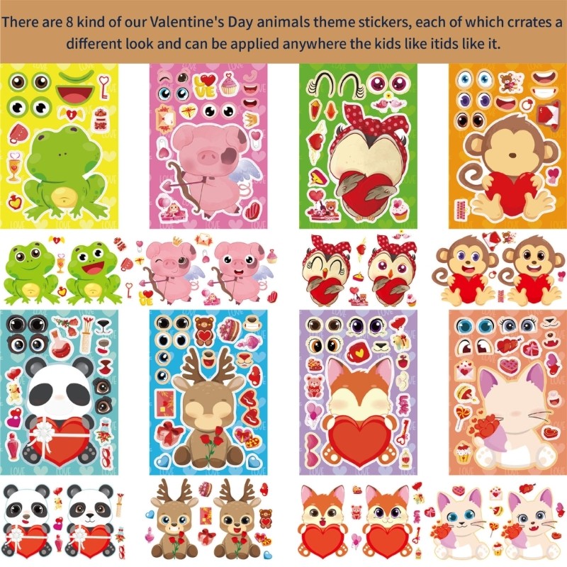 16x Cartoon Animal Theme Face Stickers DIY Puzzle Kids Boys Girls Gifts
