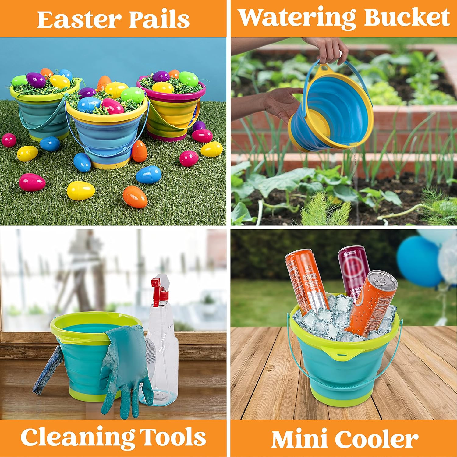 JOYIN 3 Packs Foldable Pail Bucket with Shovels & Mesh Bag, Collapsible Buckets