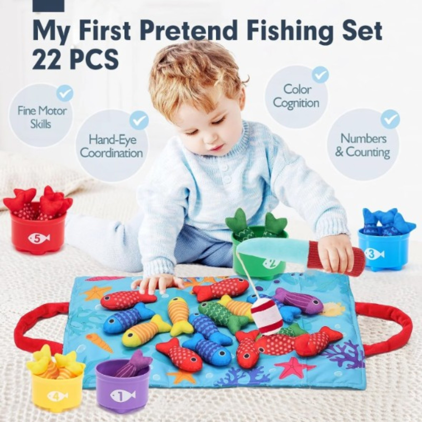 Cloth Fishing Game Color Sorting Counting Learning Toy for Toddlers B