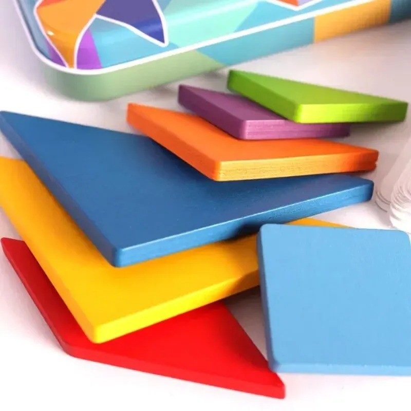 Children’s Wooden Colorful Tangram Iron Box Storage Jigsaw Puzzle Puzzle Early