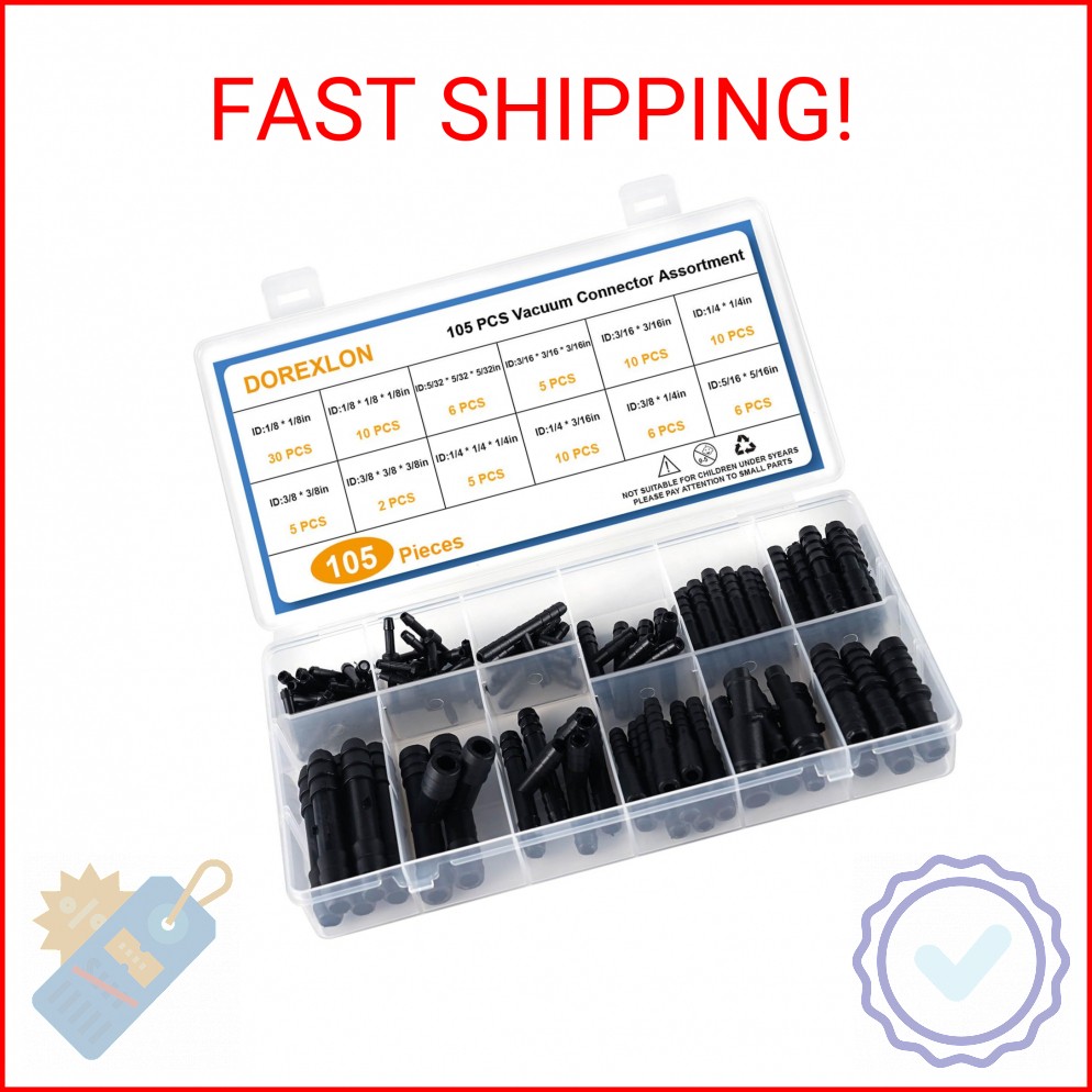 105PCS Automotive Vacuum Connector Assortment, 1/8″ 3/16″ 1/4″ 5/16″ 3/8″ Vacuum