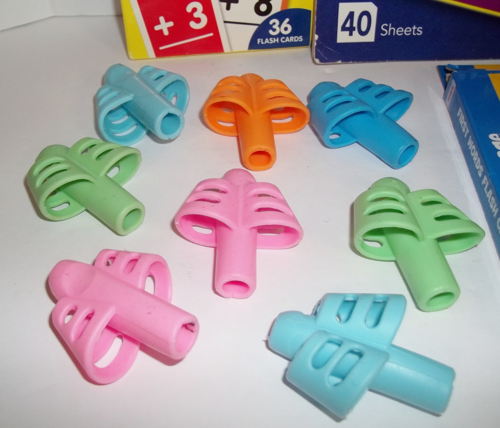 SCHOOL SUPPLY LOT writing trainers, page bk clips, tablet, flash cards ABC, MATH