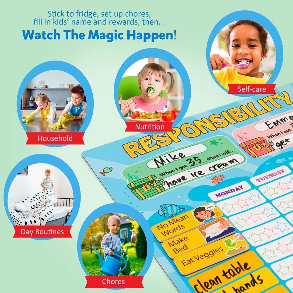 Colorful Magnetic Chore Chart with Illustrated Tasks – Rewarding Good Behavior