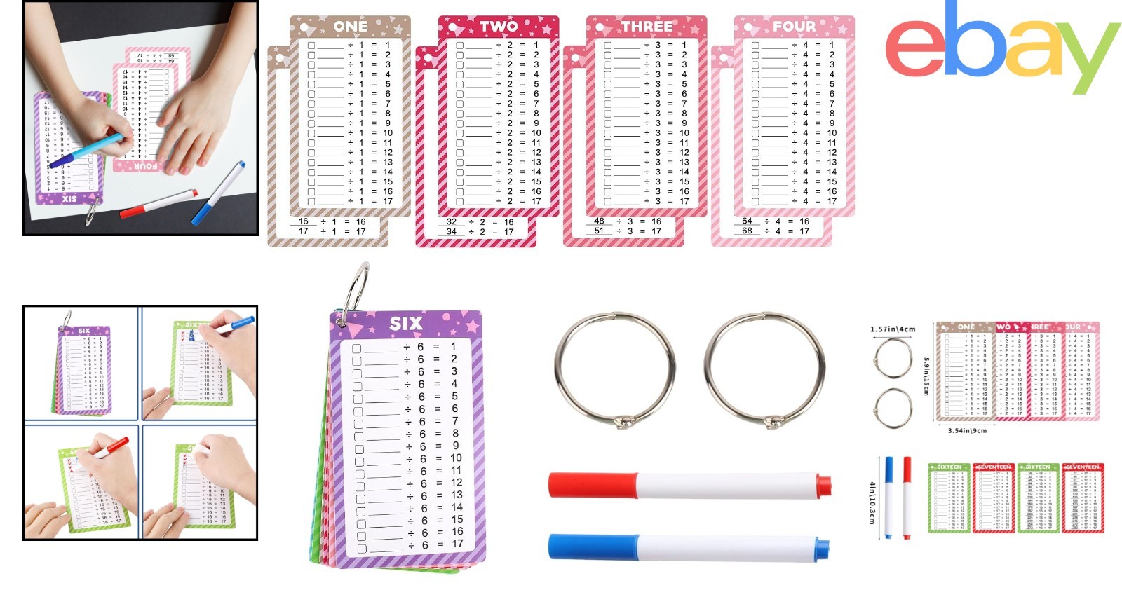 17 Pcs Division Flash Cards for Kids, Fun Math Learning Tool for Grades 1-4