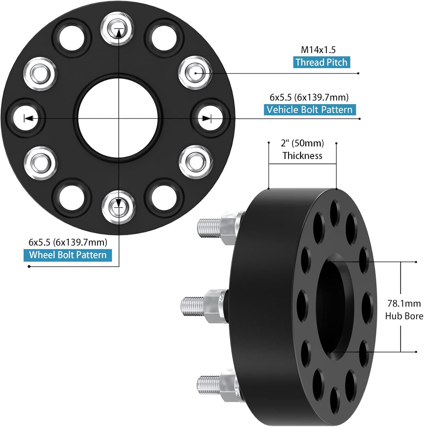 6×5.5 Wheel Spacers 2″ (50mm) 6 Lug Bore 78.1mm with M14x1.5 Studs for Chevy