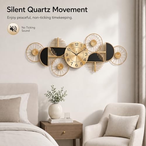 Large Wall Clock,Modern Silent Non-Ticking Metal Wall Art Wall Clocks Battery
