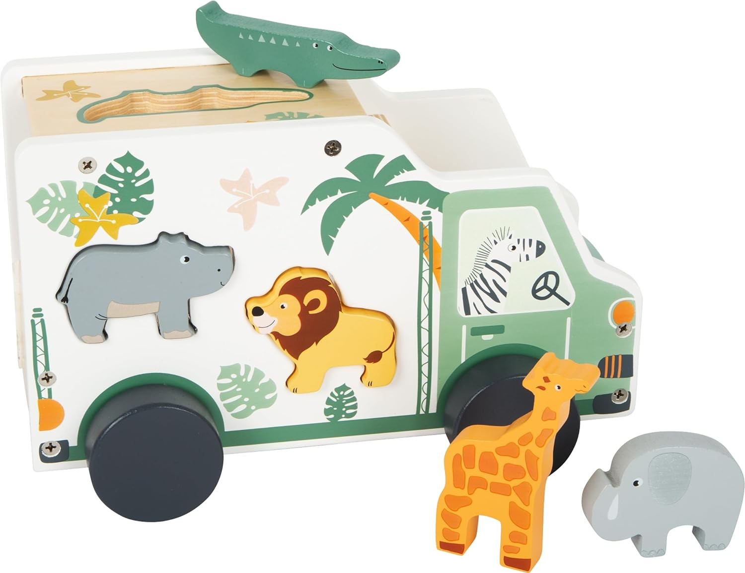 Small Foot Wooden Plug Safari Car Motor Skills Toy Made of Wood with Figures fro