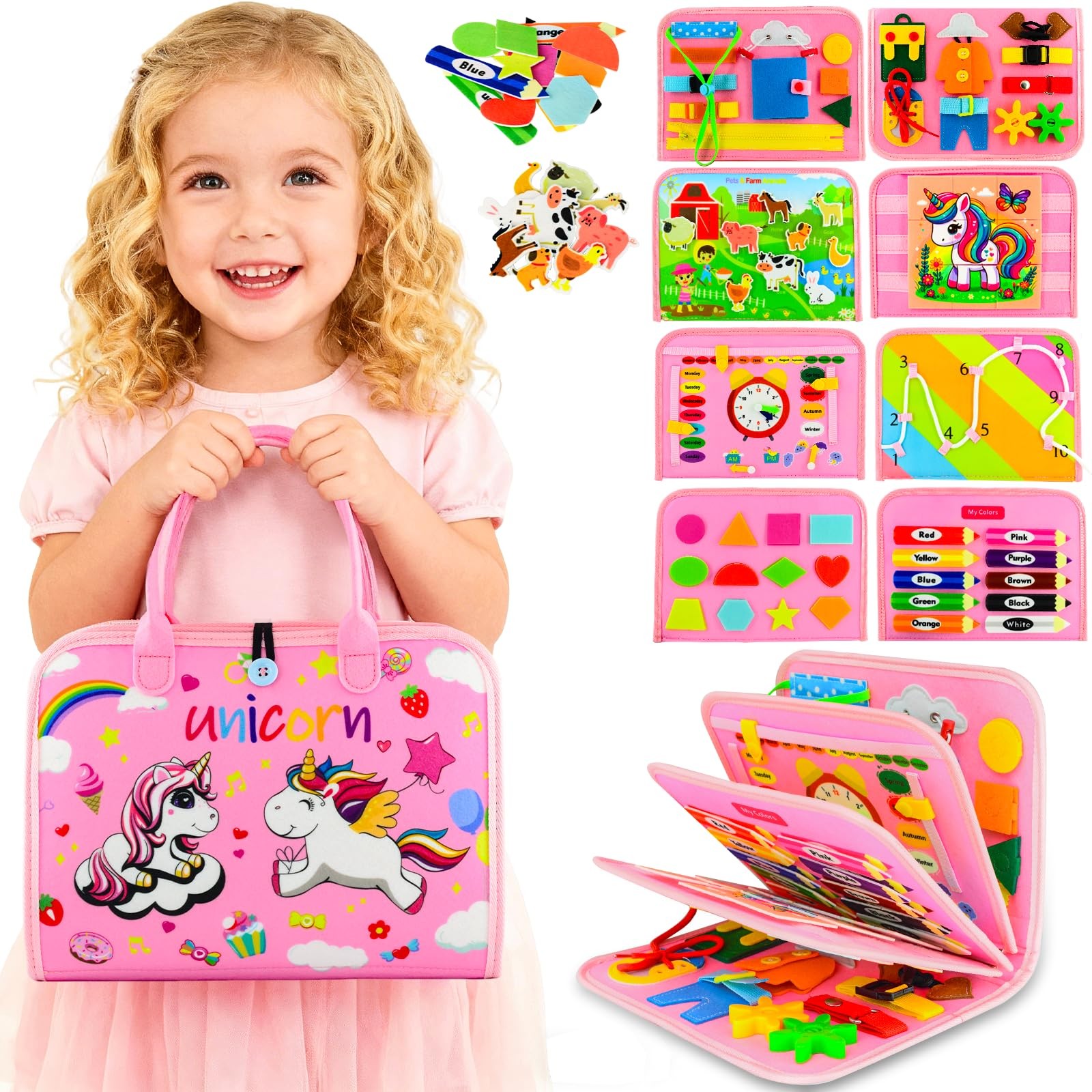 Toddler Busy Board Montessori Toys, 10.89 x 8.78 x 2.09 inches, Pink