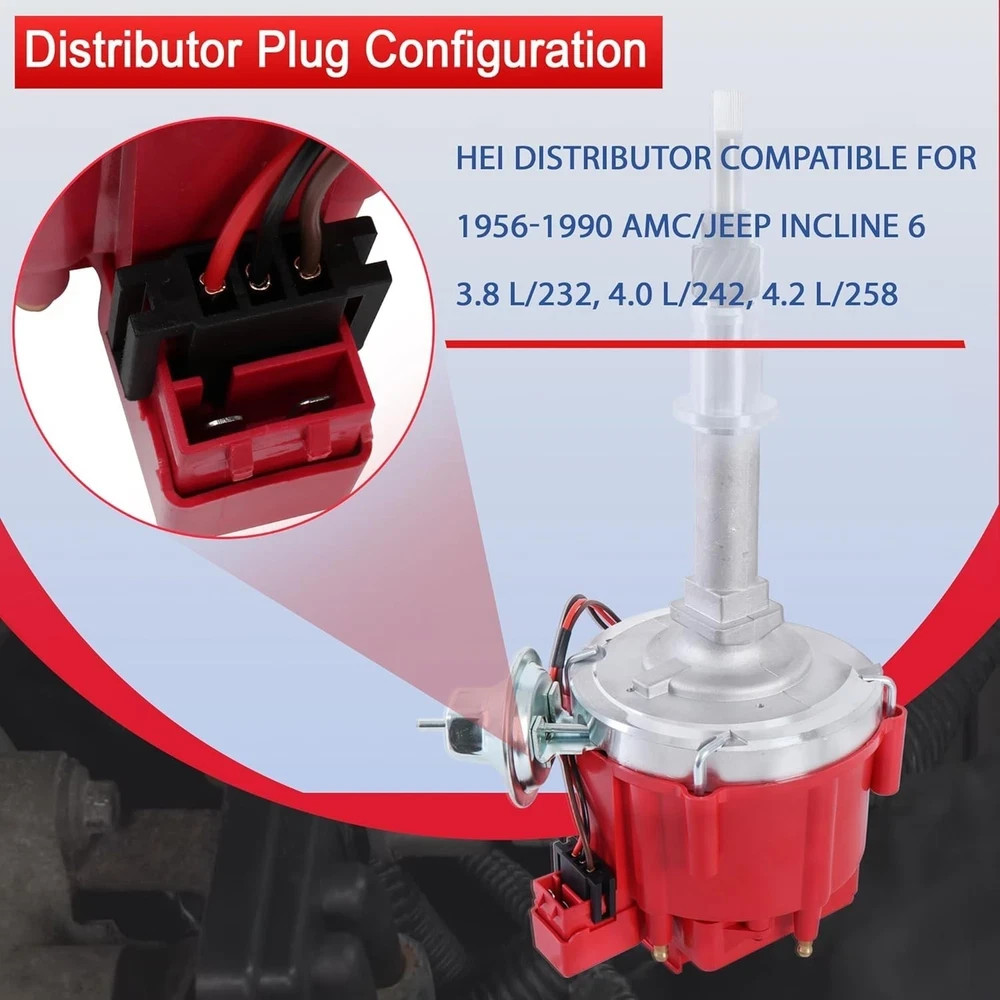 HEI Distributor w/ Plug Wires for Jeep AMC 232 242 258 I6 65K Coil Red Cap