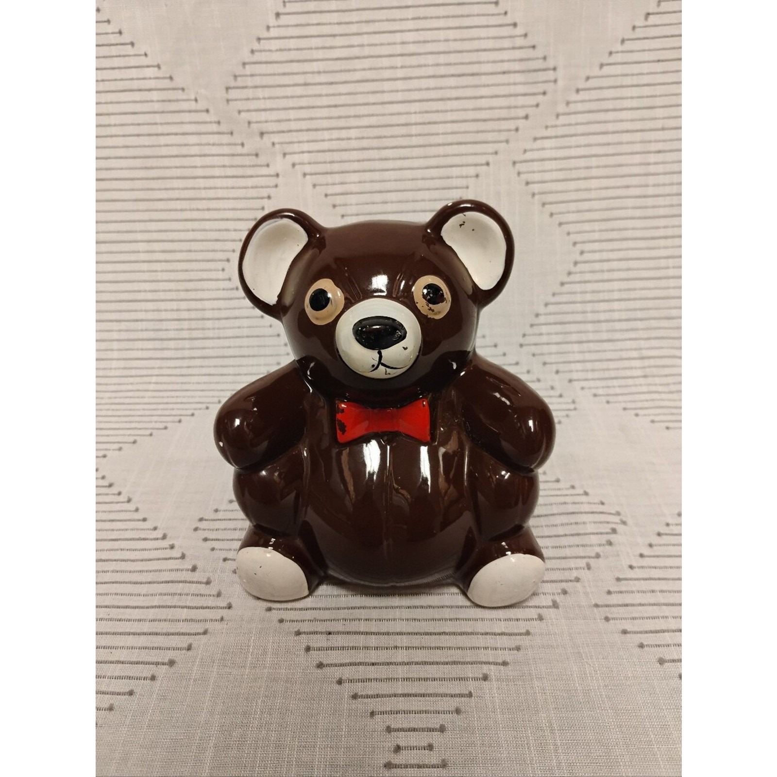 Vintage Brown Teddy Bear Ceramic Bank with Red Bow Made In Japan 70s